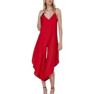 Everlily Red Linen midi jumpsuit romper sleeveless v-neck Sz Large